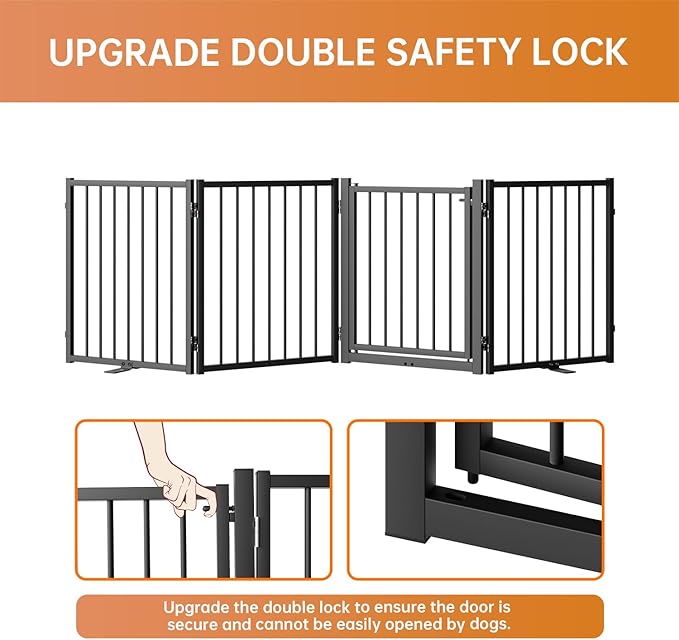 Full Metal Freestanding Dog Gate with Door, 24'' Height Foldable Pet Dog Fence for Indoor & Outdoor, 4 Panels Extra Wide Free Standing SmallDog Gates for Doorways,House,Stairs,Porch,Deck,Yard-PawvioPets