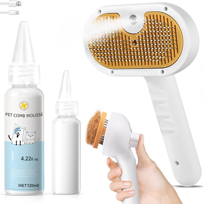 3-in-1 Pet Steam Brush Set for Dogs & Cats, Grooming Comb with Spray, Defur Tool, Water-Assisted Hair Removal, Gentle Cat & Dog Spritz Brush, Multi-Purpose Steam Grooming Kit-PawvioPets