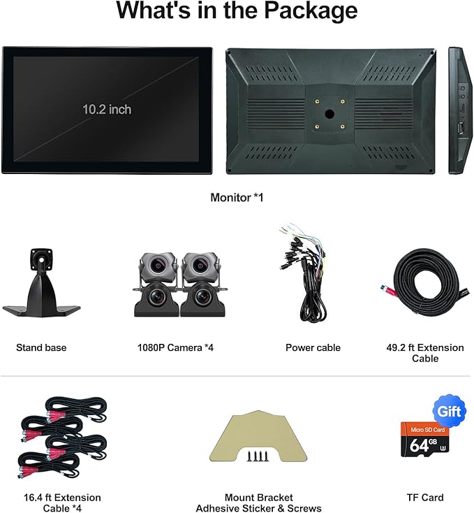 4 Channel 1080p Backup Camera Dash Cam for RV/Truck/Trailer/Van/SUV/Cars,10.2 Inch Touch Screen Quad Split Parking Monitor with DVR Recording/Playback/Bluetooth/FM Radio/Music/Video Player-PawvioPets