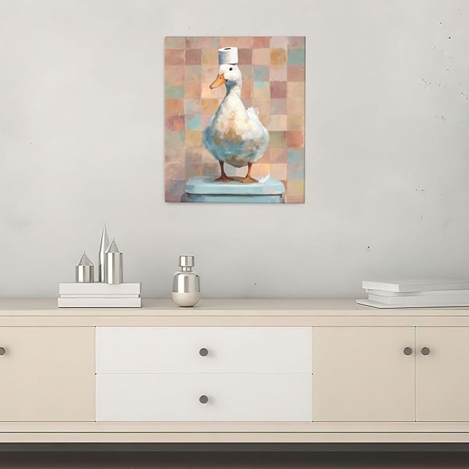 Funny Duck Bathroom Wall Art Cute Duck on Toilet Canvas Wall Decor Funny Quirky Farm Animal Pictures Painting Print Framed Artwork Decorations Gifts for Bathroom 20"x24"-PawvioPets