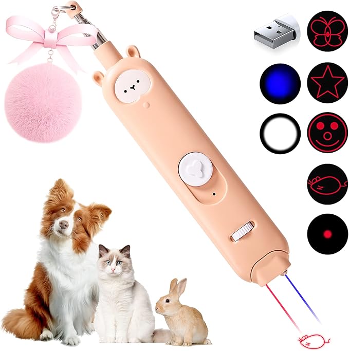 Cat Laser Toys, 2 in 1 Laser Pointer Cat Toys,Internative Cat Toys for Indoor Cats,3+5 Light Modes Cat Wand Toy, Retractable Cat Feather Toys, Long Range Kitten Toys,USB Rechargeable-PawvioPets