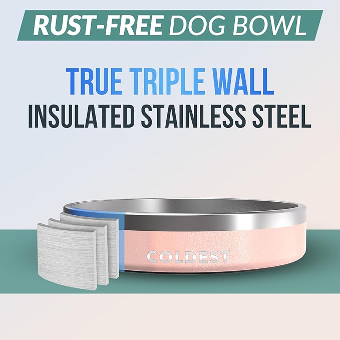 Coldest Dog Bowl - Anti Rust Metal, Non Slip, 3 Layers Insulated Stainless Steel Dog Bowls - Spill Proof & Heavy Duty - Water Bowl for Dogs, Cats & Pets, Dish Washer Safe (21 oz, Forever Pink Glitter)-PawvioPets