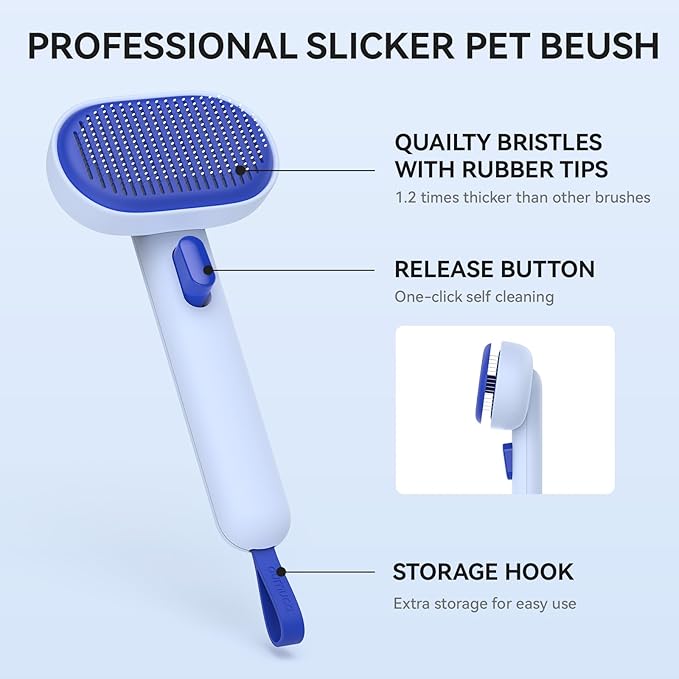 aumuca Self Cleaning Slicker Brush, Cat Brushes for Indoor Cats, Horses Grooming Deshedding Brush, Pet Massage Removes Loose Fur, Blue-PawvioPets