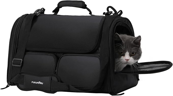 FUKUMARU Cat Carrier, 4 Mesh Windows Small Dog Carrier, 4 Storage Pockets Cat Travel Bag, Under 15 lb Airline Approved Pet Carrier, Rollable Cover for Nervous Cats, Black-PawvioPets