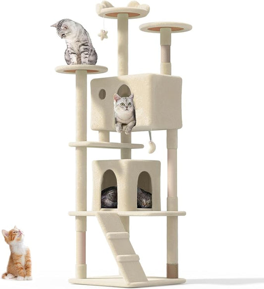 77'' Cat Tree Tower for Indoor Cats Large Adult, Cute/Tall Modern Cat Tree for Big Cats 20 lbs, Plush Multi-Level Cat Condo with Scratching Posts, Dangling Ball for Fun Play (Beige, 77 inch)-PawvioPets