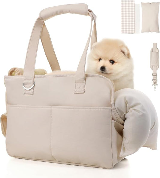 Dog Purse Carrier for Small Dogs, Soft Soft Sided Folding Dog Carriers for Small Dogs Medium Cats Puppies up to 15 Lbs, Washable Breathable Puppy Carrier for Outdoor Travel (Large Beige)-PawvioPets