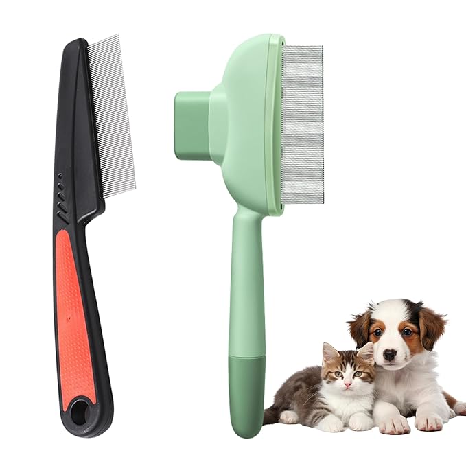 2PCS Flea Comb for Dogs & Cats，flea Comb for Cats with Release Button Self-Cleaning，lice comb for Shedding Pet Hair-PawvioPets