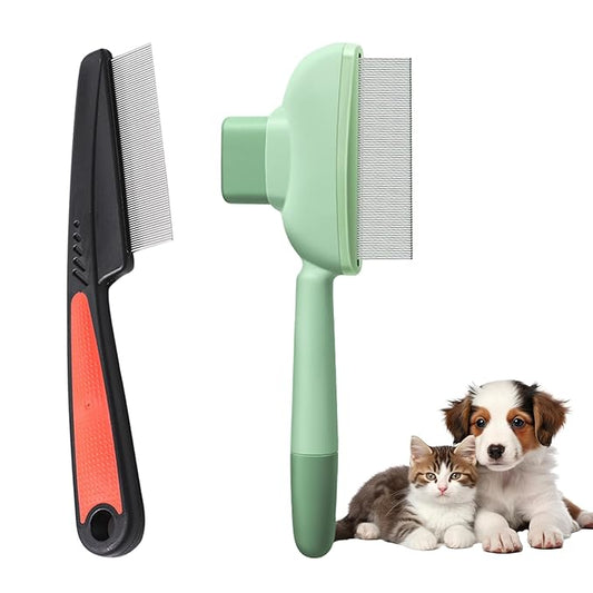 2PCS Flea Comb for Dogs & Cats，flea Comb for Cats with Release Button Self-Cleaning，lice comb for Shedding Pet Hair-PawvioPets