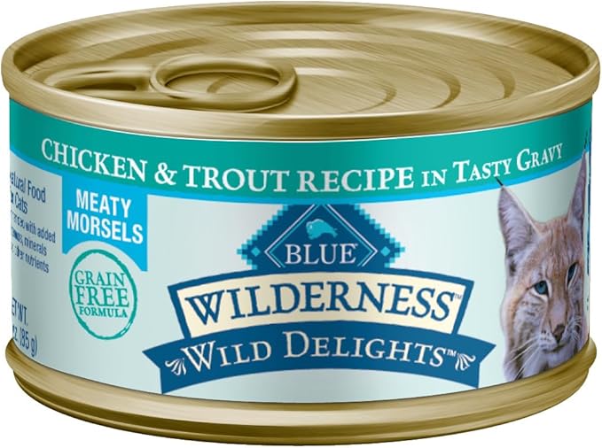 Blue Buffalo Wilderness Wild Delights Meaty Morsels Wet Cat Food, High-Protein & Grain-Free, Made with Natural Ingredients, Chicken & Trout Recipe in Tasty Gravy, 3-oz. Cans (24 Count)-PawvioPets