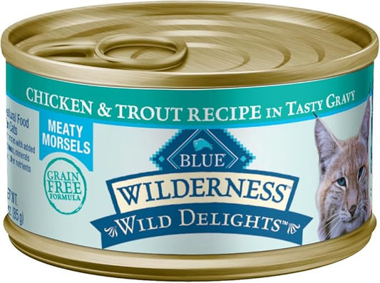 Blue Buffalo Wilderness Wild Delights Meaty Morsels Wet Cat Food, High-Protein & Grain-Free, Made with Natural Ingredients, Chicken & Trout Recipe in Tasty Gravy, 3-oz. Cans (24 Count)-PawvioPets