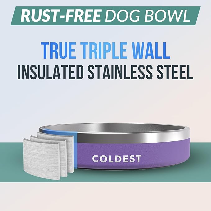 Coldest Dog Bowl - Anti Rust Metal, Non Slip, 3 Layers Insulated Stainless Steel Dog Bowls - Spill Proof & Heavy Duty - Water Bowl for Dogs, Cats & Pets, Dish Washer Safe (21 oz, Galaxy Purple)-PawvioPets