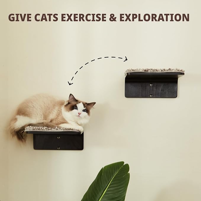 2 Set Cat Wall Steps - Wooden Cat Climbing Shelf for Wall - Cats Wall Stairs with Scratching Mat - Wall Mounted Cats Furniture for Jumping, Playing, and Lounging, Walnut-PawvioPets