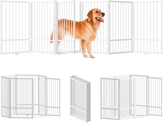Full Metal Freestanding Dog Gate with Door, 36''Height Foldable Pet Dog Fence for Indoor & Outdoor, 6 Panels Extra Wide Free Standing TallDog Gates for Doorways,House,Stairs,Porch,Deck,Yard-PawvioPets