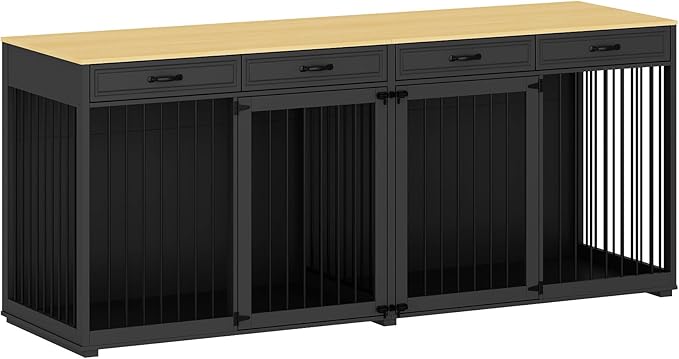 Extra Large Dog Crate with Double Rooms, 93" Heavy Duty Wooden Dog Cage Furniture Dog Crate Kennel w/Drawers & Removable Divider,Indoor Luxury Dog House for Large Dogs,Black-PawvioPets