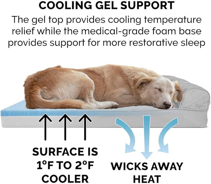 Furhaven Cooling Gel Dog Bed for Large Dogs w/ Removable Bolsters & Washable Cover, For Dogs Up to 95 lbs - Two-Tone Plush Faux Fur & Suede L Shaped Chaise - Stone Gray, Jumbo/XL-PawvioPets