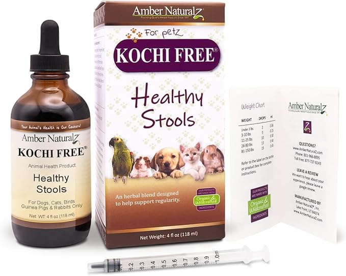 Amber NaturalZ Kochi Free Herbal Supplement for Dogs, Cats, Birds, Rabbits, and Guinea Pigs | Supports Healthy Bowel Function | Natural Aid for Digestive Balance | 4 Fluid Ounce Glass Bottle-PawvioPets
