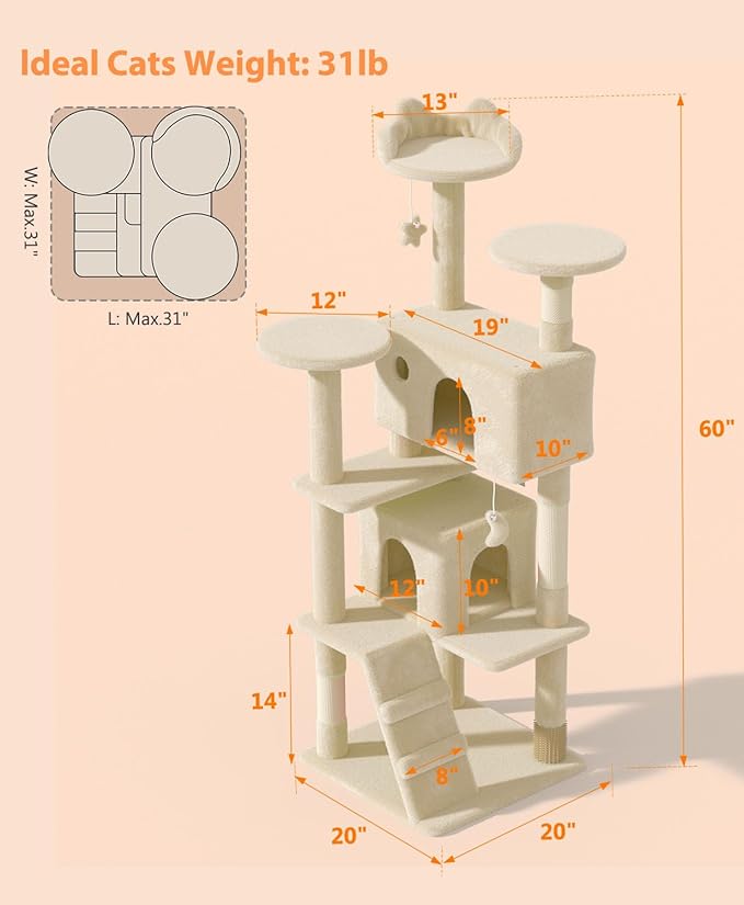 60'' Cat Tree Tower for Indoor Cats Large Adult,Cute/Tall Modern Cat Tree for Big Cats 20 lbs, Plush Multi-Level Cat Condo with Scratching Posts, Dangling Ball Indoor (Beige, 60 inch)-PawvioPets