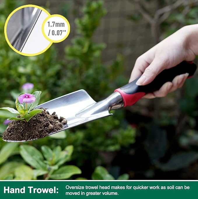ESOW Garden Tool Set with Non-Slip Rubber Handle, 3 Piece Cast-Aluminum Heavy Duty Gardening Kit Includes Hand Trowel, Transplant Trowel and Cultivator Hand Rake, Red-PawvioPets
