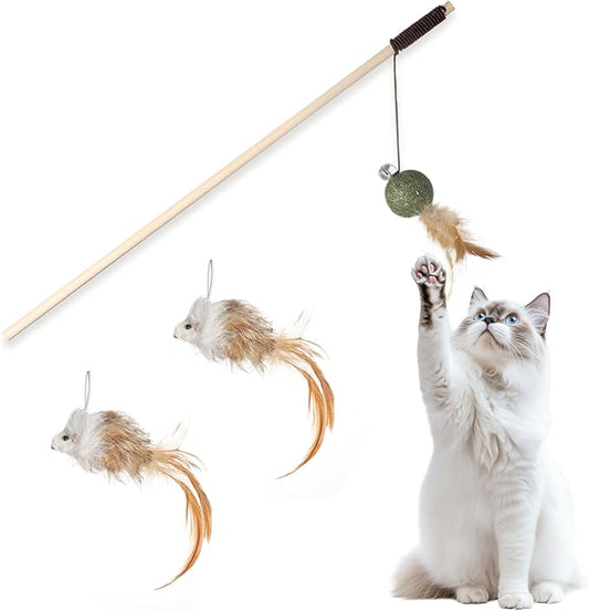 Cat Feather Toys with Catnip Ball, Feathers & Bell - 2 Replaceable Mouse Heads, Elastic Rope & Wooden Handle for Aggressive Kittens, Durable Bite-Proof Interactive Cat Teaser for Indoor Play-PawvioPets