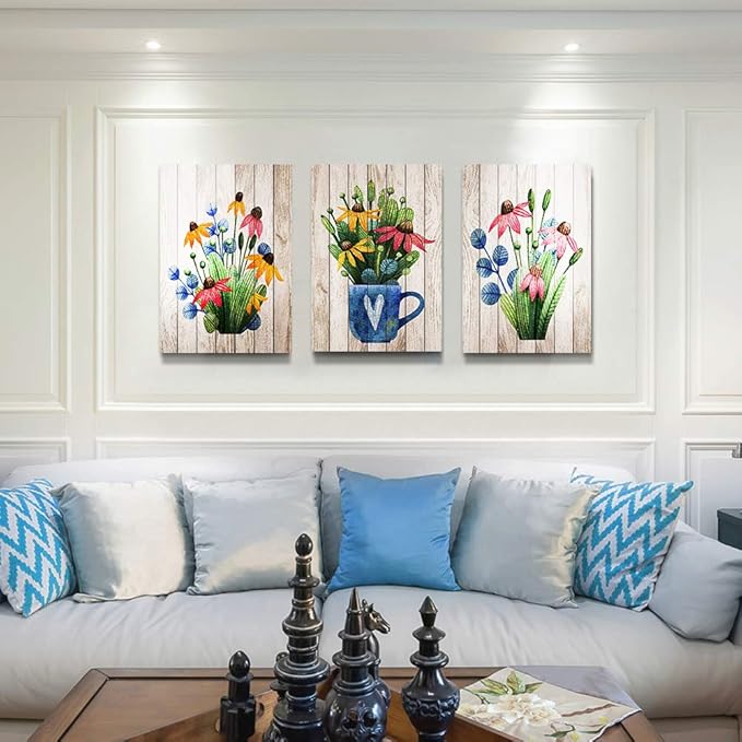 Canvas Wall Art For Kitchen Wall Decoration For Living Room Wall Decor For Bedroom Room Decor Vintage Wood Grain Plant Flowers Wall Painting Office Wall Pictures Artwork Home Decor 16" X 24" 3 Piece-PawvioPets