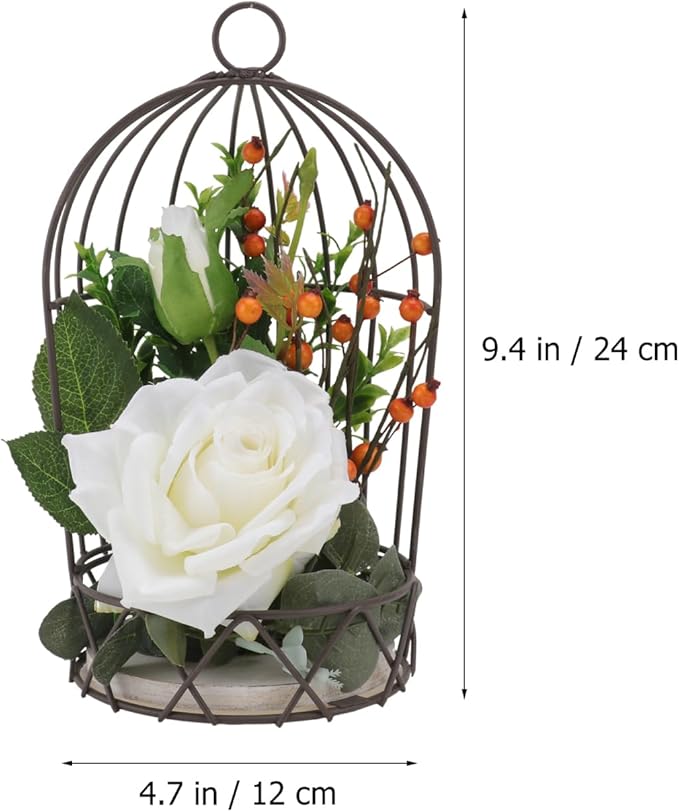 BESTOYARD Hanging Bird Cage Decor with White Simulation Rose Flowers for Home Wedding Table and Garden Ornament-PawvioPets