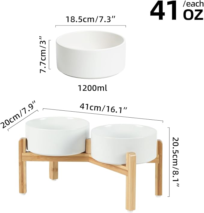 Ceramic Raised Double Bowls Set with Stand, Food & Water Bowls for Medium Breed Dogs, Weighted Dog Dishes, Pet Bowl(7.3'',41OZ, White)-PawvioPets