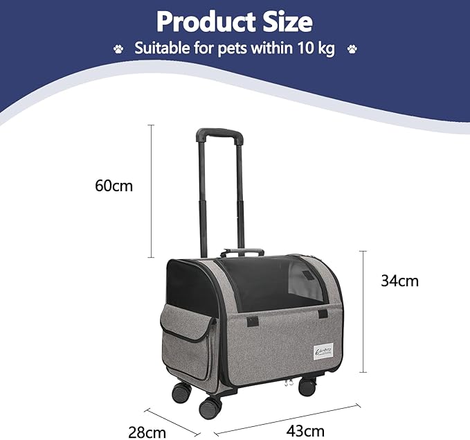 Dog Travel Bag with Removable Rolling Wheels, Airline Approved Pet Carrier, Foldable Cat Bag with Breathable Mesh, Pet Stroller(Grey)-PawvioPets