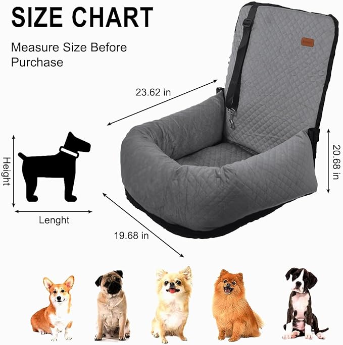 Dog Car Seat for Small Medium Dogs Up to 40lbs, Detachable Washable Soft Pet Booster Travel Bed for Front & Gray Seat with Safety Leash Belt-PawvioPets