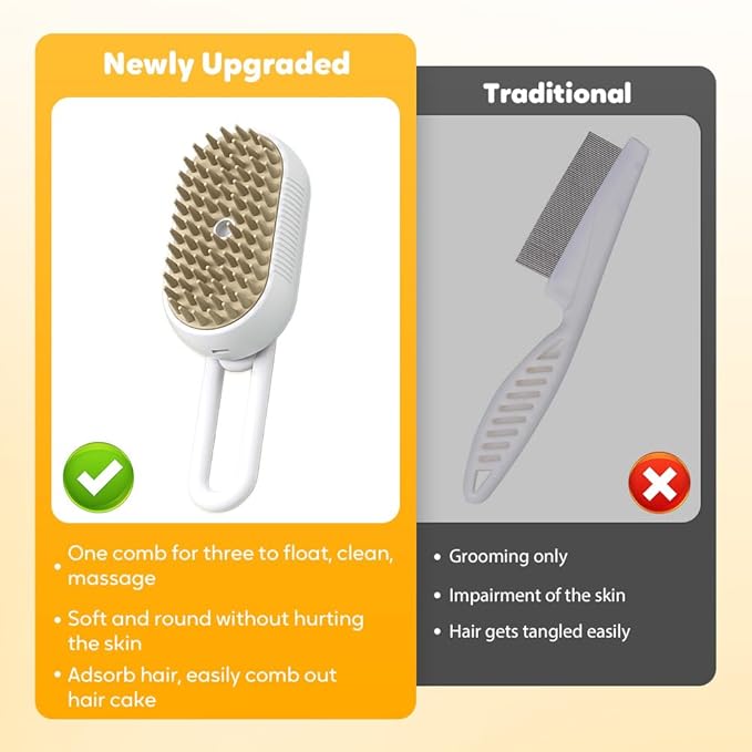 3-In-1 Rechargeable Steamy Cat Brush, Deep Cleaning & Hair Removal System with Rotating Handle, 360° Massage for Cats & Dogs (White)-PawvioPets