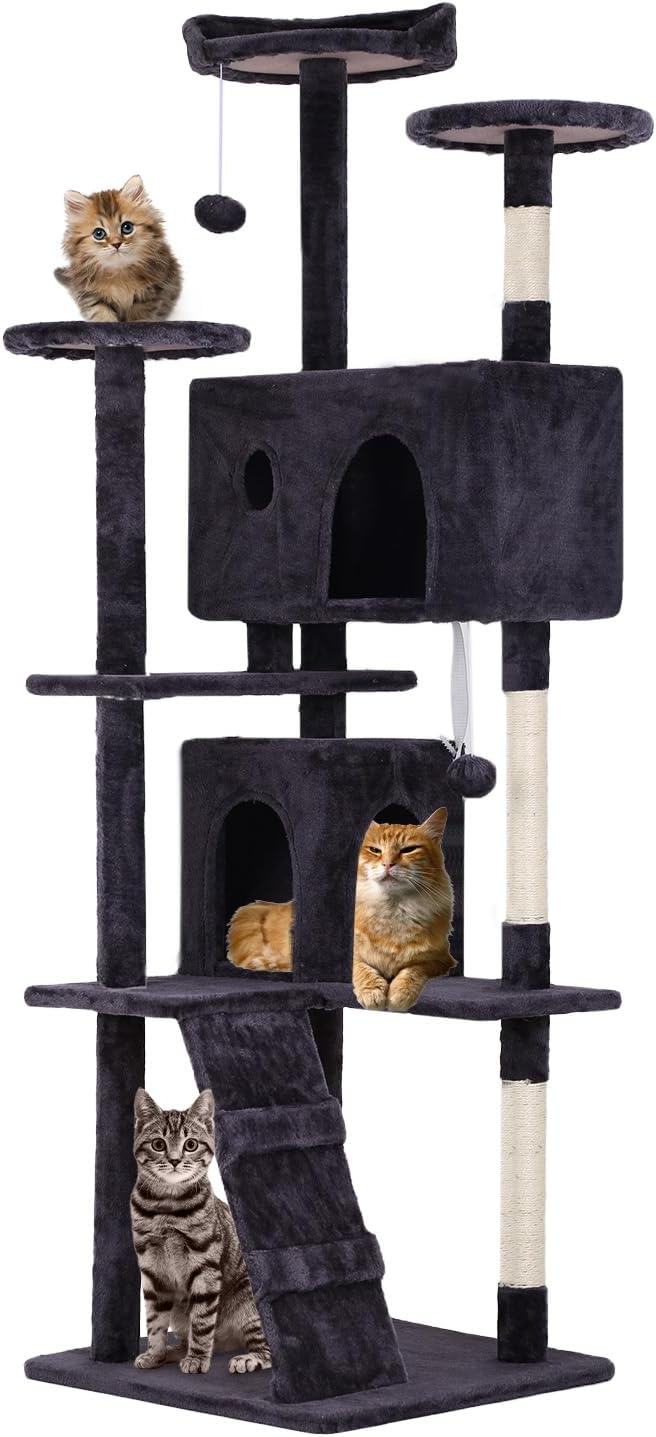 FDW Cat Tree 70in Cat Tower Multi-Level Durable Cat Scratching Post & Cozy Fun Cat Jumping Platform Space Saving Cat Condo Pet Play House for Indoor Cats,Ashy-PawvioPets