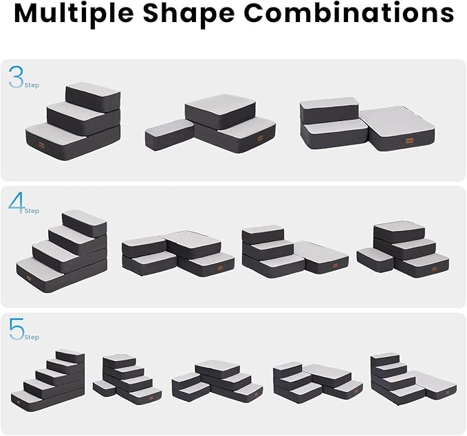 3-Step Adjustable Dog Stairs for Sofa and Couch, Dog Steps for Small Dogs and Cats, Foldable Pet Stairs for Low Bed Climbing, Non-Slip Pet Step Indoor, Grey-PawvioPets