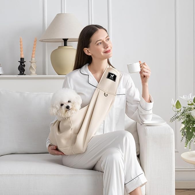 Dog & Cat Carrier Sling, Adjustable Soft Padded Shoulder Puppy Carrier, Hands-Free Dog Carrier Bag with Double Safety Buckles Premium Material for Outdoor Travel (Apricot, M)-PawvioPets