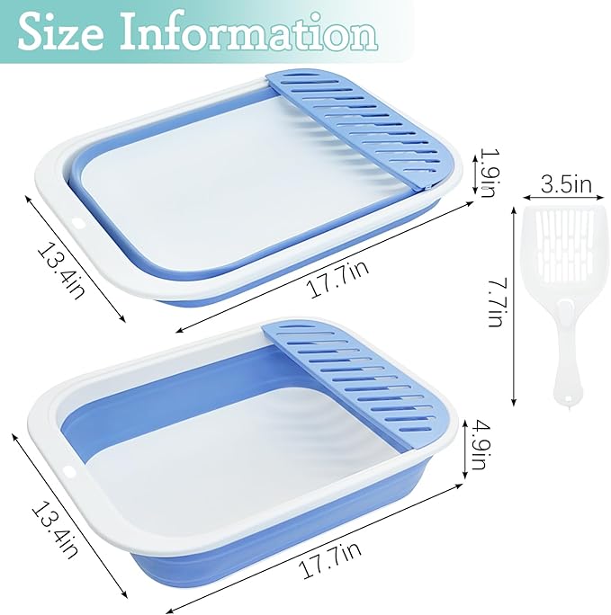 Fhiny Cat Litter Box Portable Shallow Litter Box 17.7"x13.4"x4.9" Foldable Cat Toilet with Scoop Open Kitty Potty Pan with Litter Drop Pedal Easy to Clean Travel Kitten Toilet(Blue)-PawvioPets