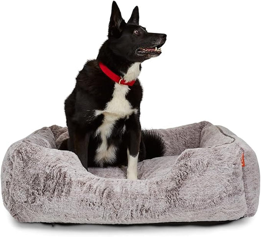 FUZI Luxury Aesthetic Dog Bed for Medium Dogs with Washable Cover, Pet Couch, Pet Bed with Sides, Non-Slip Bottom, Soft and Durable Calming Dog Bed, Faux Rabbit Fur, Medium 31.75x23.6x9.5 Light Grey-PawvioPets