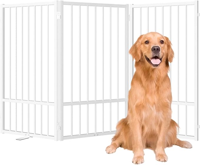 Full Metal Freestanding Dog Gate with Door, 32''Height Foldable Pet Dog Fence for Indoor & Outdoor, 3 Panels Extra Wide Free Standing TallDog Gates for Doorways,House,Stairs,Porch,Deck,Yard-PawvioPets