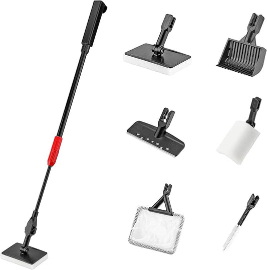 6 in 1 Aquarium Cleaning Tool Kit Fish Tank Algae Scraper, Sponge Pad, Fish Net, Gravel Rake and Cleaning Brush with Telescopic Long Handle-PawvioPets