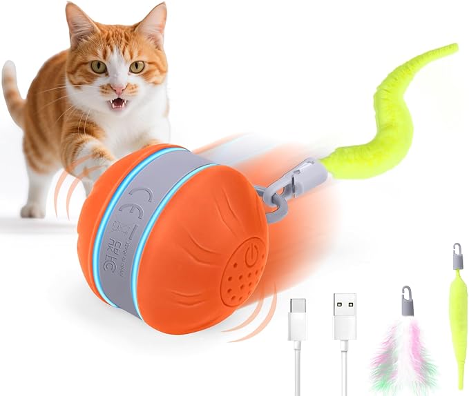 AIERSA Interactive Cat Toys for Indoor Adult Cats, Automatic Self-Play Cat Ball Toy for Kitten to Keep Them Busy, Electric Moving Chase Toy (Orange)-PawvioPets