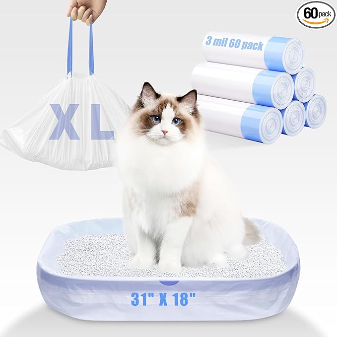 60 Pack Large Cat Litter Bags - 3MIL Extra Thick Leakproof Litter Box Liners, 31"x18" Heavy Duty Drawstring Cat Litter Liners for Automatic Litter Box, Odor Control Disposable Kitty Litter Bags 6 Roll-PawvioPets