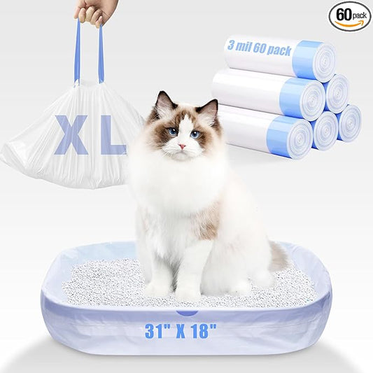 60 Pack Large Cat Litter Bags - 3MIL Extra Thick Leakproof Litter Box Liners, 31"x18" Heavy Duty Drawstring Cat Litter Liners for Automatic Litter Box, Odor Control Disposable Kitty Litter Bags 6 Roll-PawvioPets