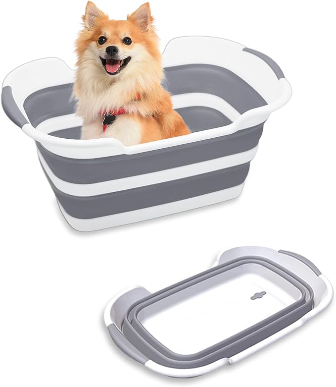 Collapsible Pet Bathtub, 7.1 Gal (27L) - Foldable Bathing Tub with Drain Plug for Dogs & Cats Under 30 lbs - Multi-Use as Laundry Basket, Storage Organizer, Camping Sink (Grey)-PawvioPets