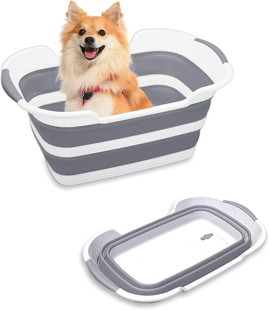 Collapsible Pet Bathtub, 7.1 Gal (27L) - Foldable Bathing Tub with Drain Plug for Dogs & Cats Under 30 lbs - Multi-Use as Laundry Basket, Storage Organizer, Camping Sink (Grey)-PawvioPets