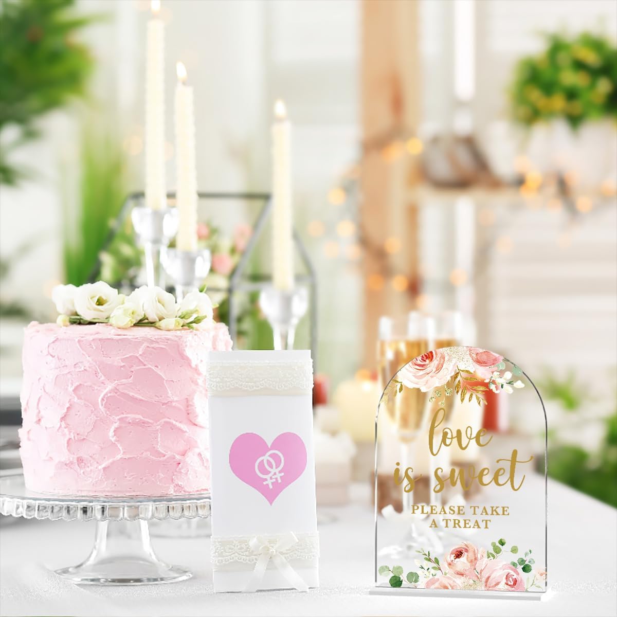 Acrylic Wedding Signs, Bridal Shower Decorations, Love is Sweet Signs for Reception, Modern Calligraphy Arch Acrylic Table Top Sign for Wedding Reception and Engagement Parties (Clear Pink Flowers)