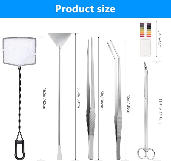 7 in 1 Aquarium Aquascape Tool Kit 15 inch, Aquatic Plant Extra Long Aquascaping Tool for Aquarium Fish Tanks Clean Accessories Set with Silver Tweezer Scissor Spatula, Fish Net, PH Paper, Bag-PawvioPets