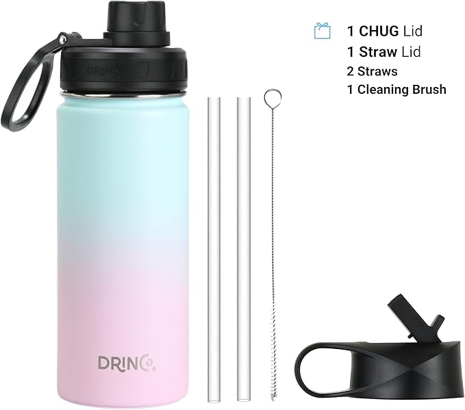 DRINCO Stainless Steel Water Bottle Spout Lid Vacuum Insulated Double Wall Water Bottle Wide Mouth (40oz 32oz 22oz 18oz 14oz) Leak Proof Keeps Cold or Hot (18 oz, 18oz Macaron)-PawvioPets