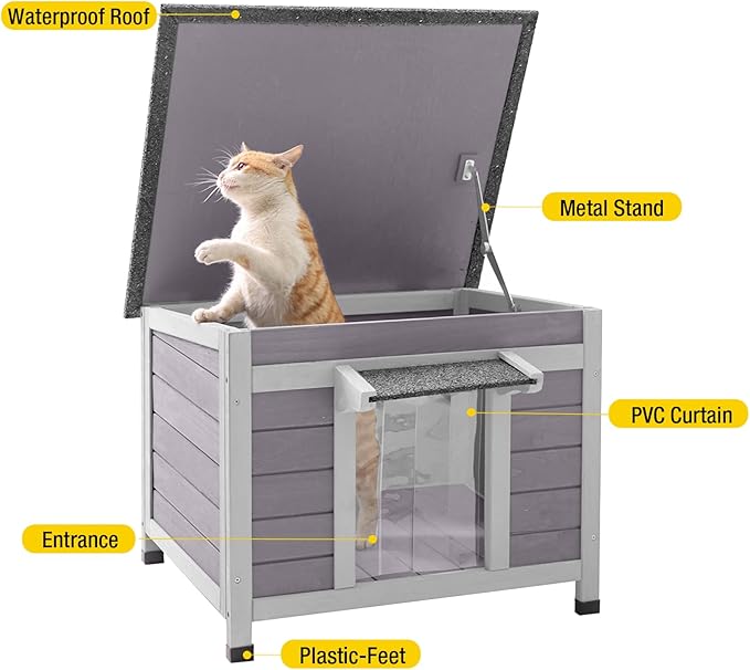 Aivituvin Cat House Waterproof Feral Kitty Shelter Outdoor Indoor Rabbit Hutch for Bunnies,Cats,Dogs and Other Small Animals,Asphalt Roof-PawvioPets