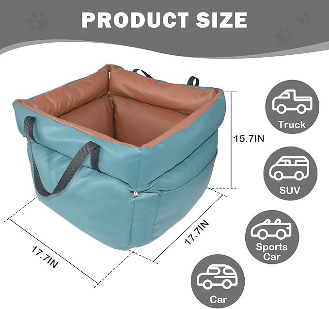 Dog Car Seat for Small Dogs, Large Leather Dog Car Bed with Storage Pocket, Waterproof PVC Leather Booster Seat Travel Bed for Front & Back Seat, Clip-On Safety Leash (Blue/Brown)-PawvioPets
