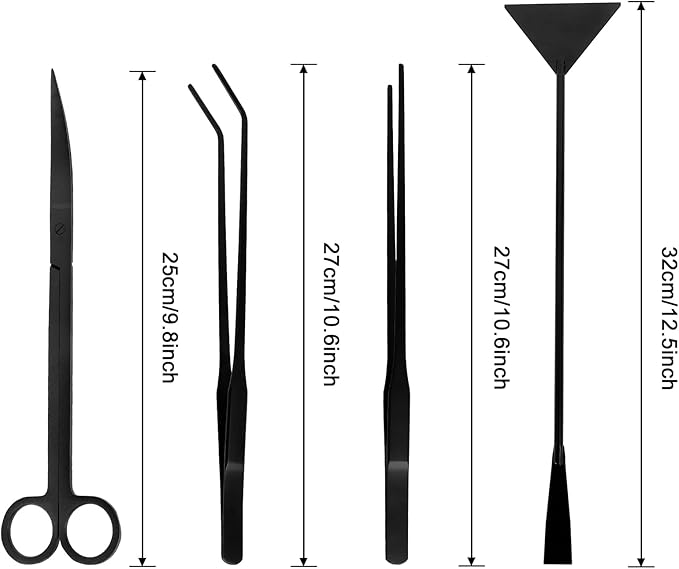 Aquarium Aquascaping Tool Stainless Steel Aquascape Tools Kit 4 in 1 Anti-Rust Fish Tank Starter Kit with Tweezers Scissors Spatula for Aquarium Plants (Black)-PawvioPets