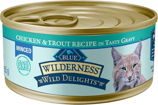 Blue Buffalo Wilderness Wild Delights Minced Wet Cat Food, High-Protein & Grain-Free, Made with Natural Ingredients, Chicken & Trout Recipe in Tasty Gravy, 5.5-oz. Cans (24 Count)-PawvioPets