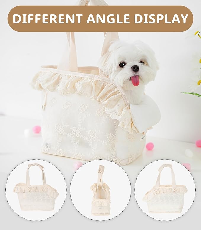 Dog Carrier for Small Dogs Rabbit cat with Lace Design, Cotton Bag, Dog Carrier Soft Sided, Collapsible Travel Puppy Carrier (Beige, 13" L x 6.7" W x 10.6" H)-PawvioPets
