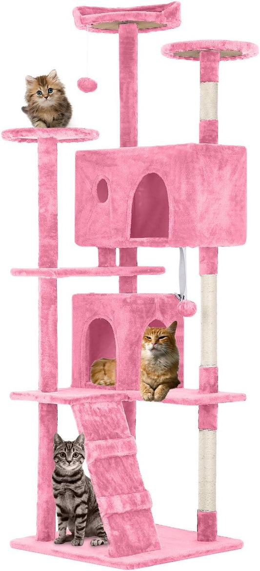 FDW Cat Tree 70in Cat Tower Multi-Level Durable Cat Scratching Post & Cozy Fun Cat Jumping Platform Space Saving Cat Condo Pet Play House for Indoor Cats,Pink-PawvioPets